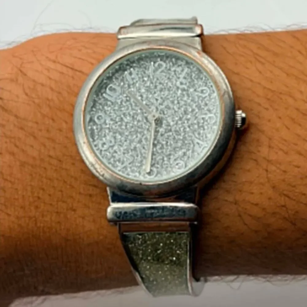 Vintage Silver & Green Glitter Watch